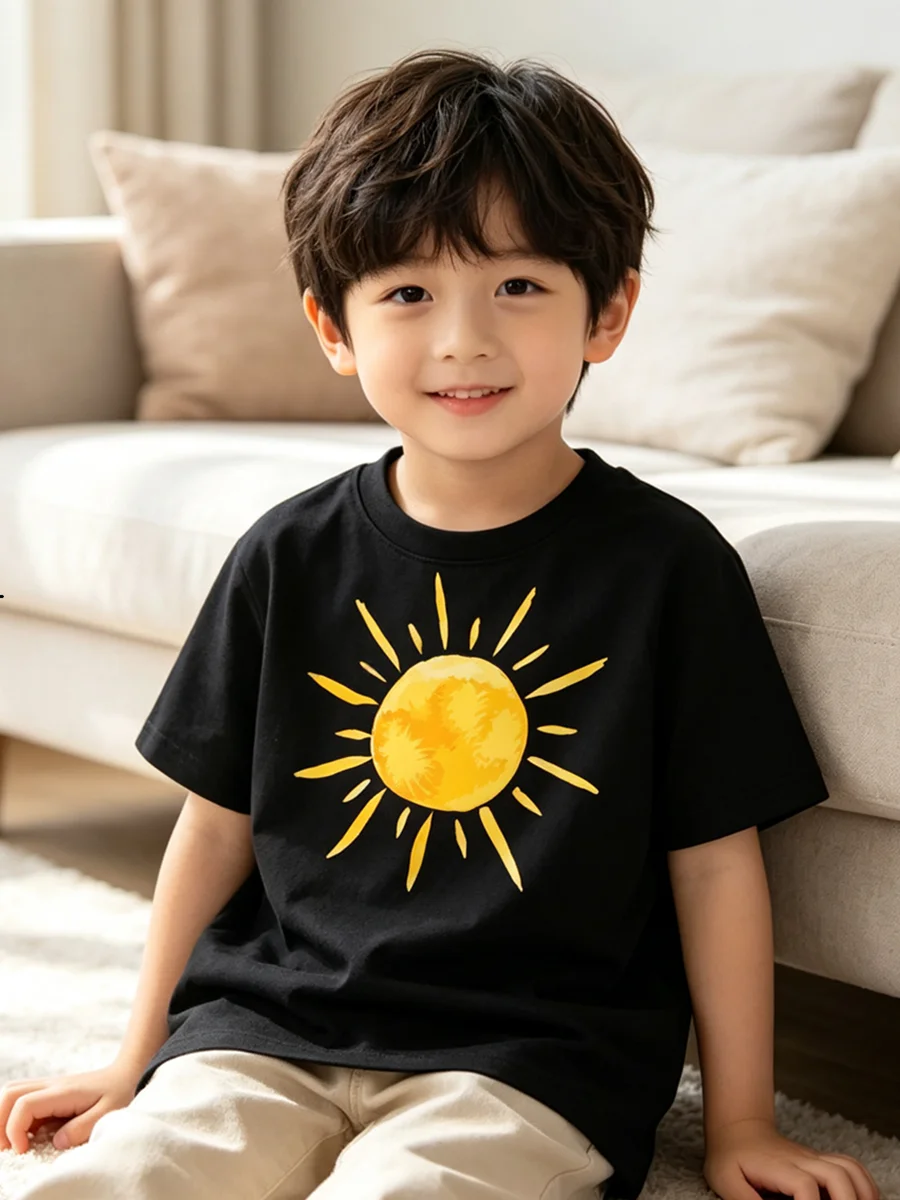 Sunny Yellow Sky Cartoon Print T Shirt for Kids Round Neck Short Sleeve Casual Parent Child Matching Summer Top