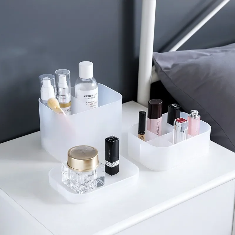 Frosted Plastic Lidded Makeup Organizer - Divided Desktop Storage Box for Masks, Cosmetics & Vanity Countertop Organization