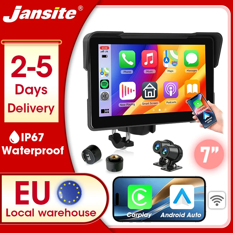 Jansite 5/7 calowy Motocyklowy Carplay 1080P z Podwójnym Obiektywem, Wodoodporny IPX7, Android Auto, Nawigacja Moto GPS, Multimedia, Motobike DVR, Bluetooth 5.0