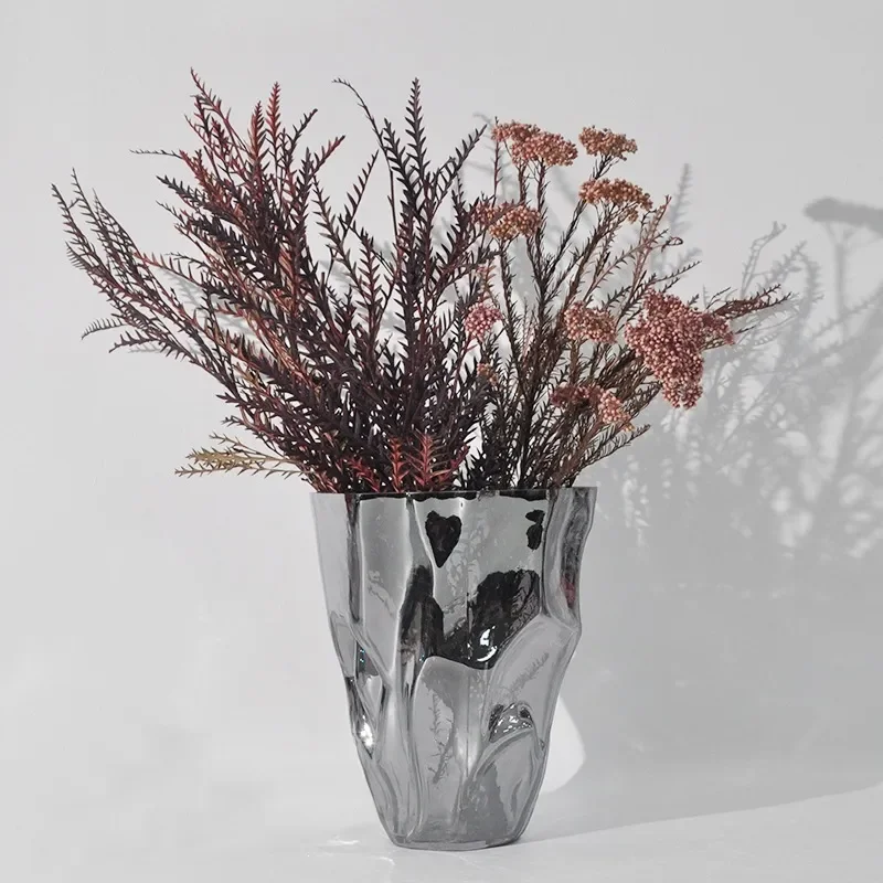 Nordic light luxury minimalist silver glass pleated vase hotel clubhouse entrance creative design flower home decoration