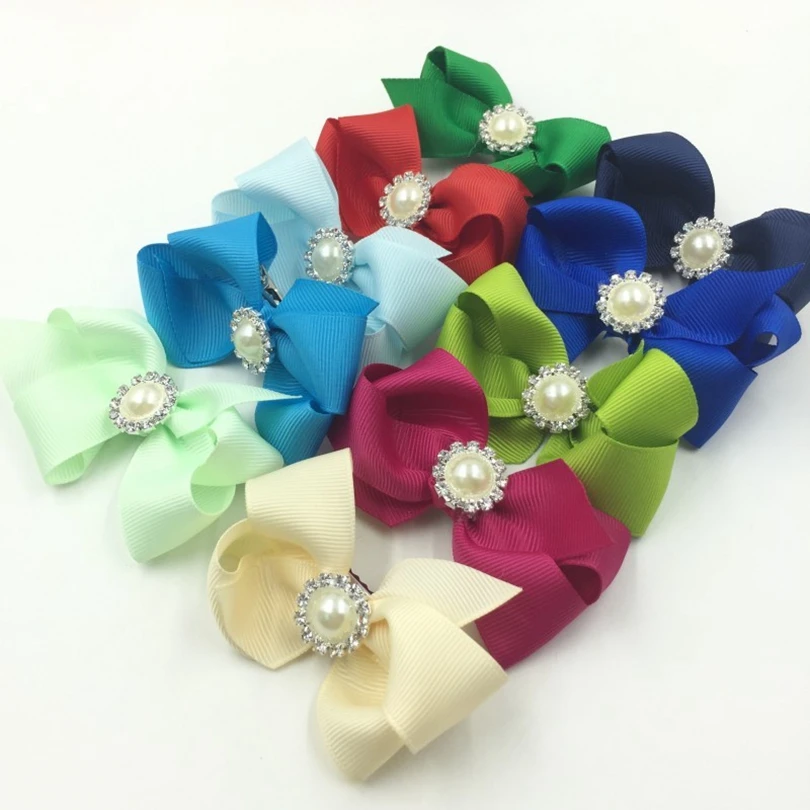 

50pcs/lot 8cm 30colors Handmade Grosgrain Bows+Pearl Buttons Ribbon Boutique Hair Bows For Kids Girls Hair Accessories Hair Clip