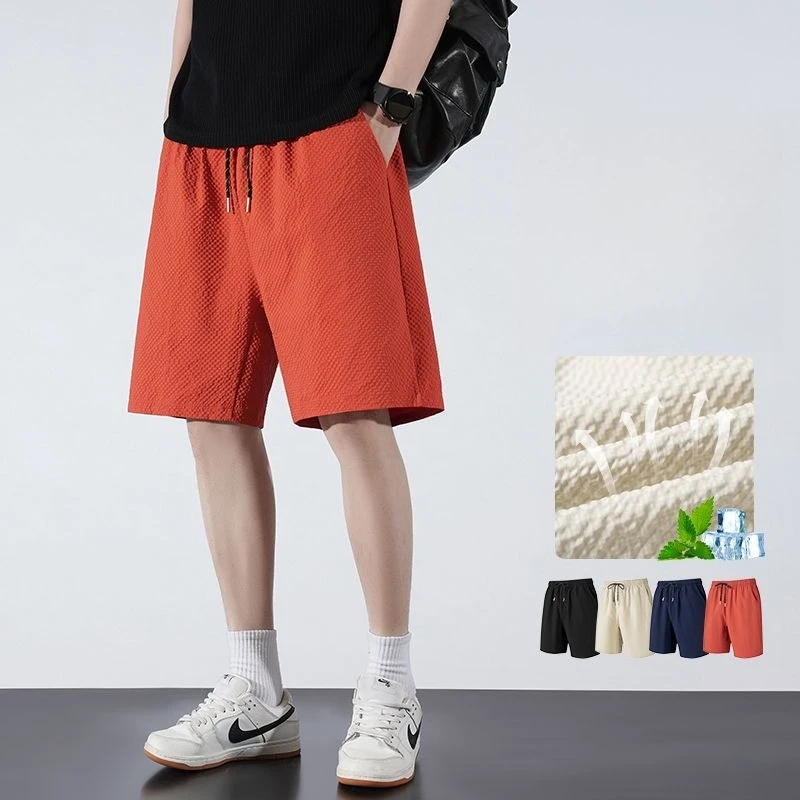 Summer Seersucker Men's Shorts Waterproof Quick Dry Baggy Board Shorts with Pockets Quick Dry Drawstring Swimwear Short Pants