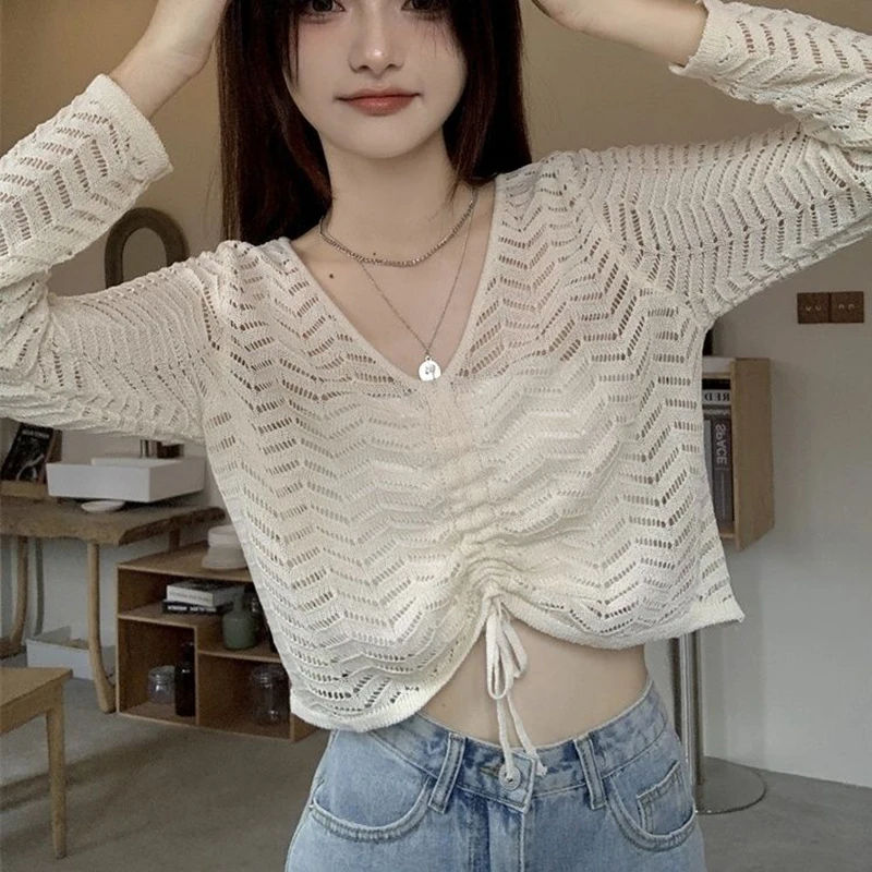 Loose Summer Pleated Hollow Out Long Sleevel Women V Neck T Shirt Fashion Casual Oversized Knitted Top 2023 New Sexy Thin Smock