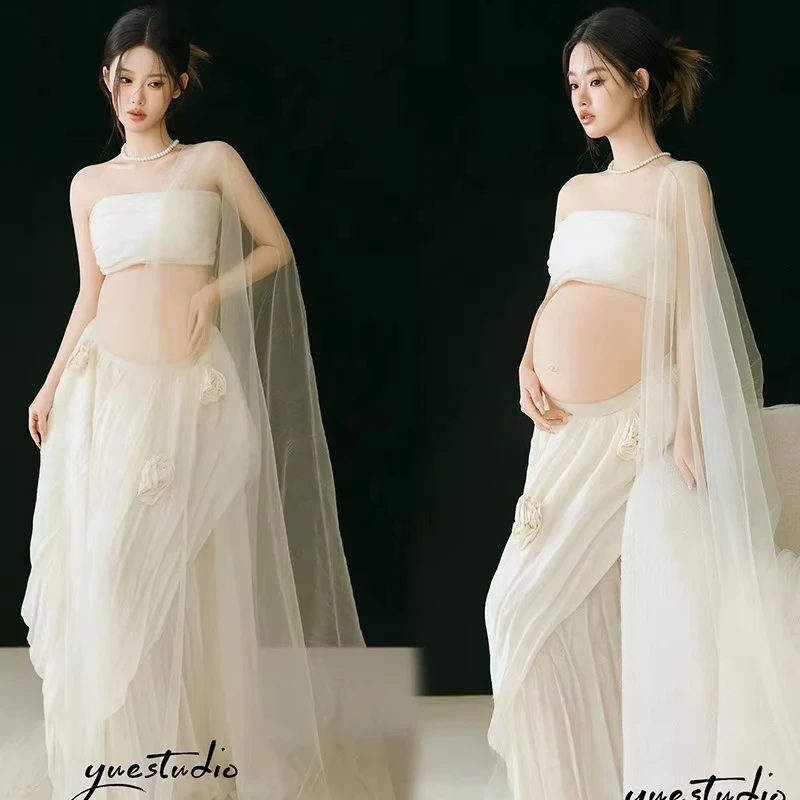 Women Maternity Dresses for Photography Shooting Elegant White Tube Top with Long Mesh Skirt and Veil 3pcs for Studio Photoshoot