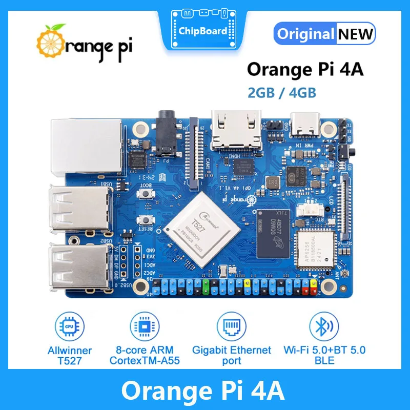 Orange Pi 4A Allwinner T527 RISC-V Octa-core-processor Board 2GB/4GB LPDDR4/4X 2TOPS NPU