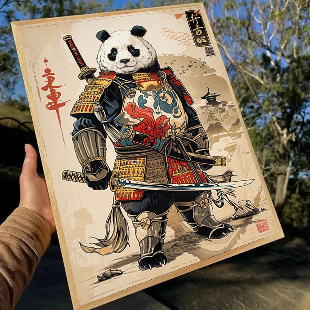 Retro Japanese Panda Rabbit Fox Lion Turtle Samurai Posters Print Japan Katana Animal Canvas Art Painting Living Room Home De
