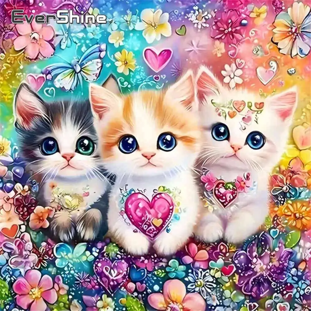 Evershine Vollquadrat Rundes Diamantgemälde Katzen Tier Kit Cartoon Mosaik Blume Herz Buntes Bild Strass Kunsthandwerk