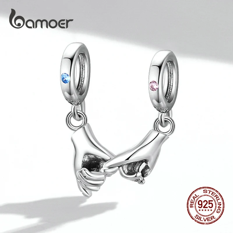 bamoer Zircon 925 Sterling Silver Pinky Swear Pendant Wish Hands Charm for Original Bracelet Bangle Women DIY Fashion Jewelry