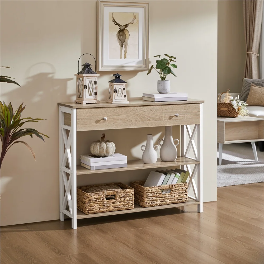 Console Table with Drawer and Storage Shelves, 3-Tier Sofa Table, Entryway Table with Metal Frame for Living Room Hallway image 4