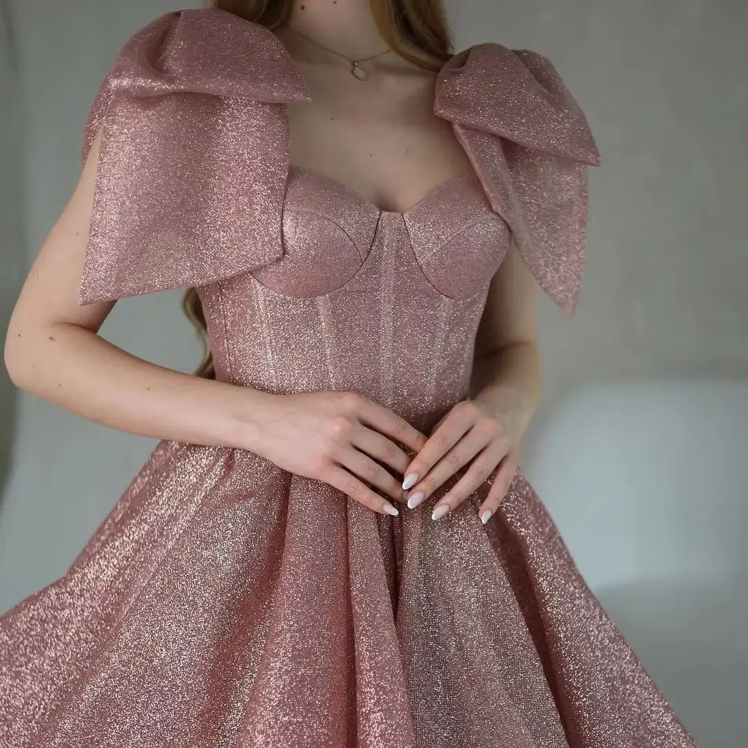 

Giyu New Illusion Pink Cocktail Dresses Sparkle Tulle Customized Bow Spaghetti Strap Pleat Кактэйльная сукенка