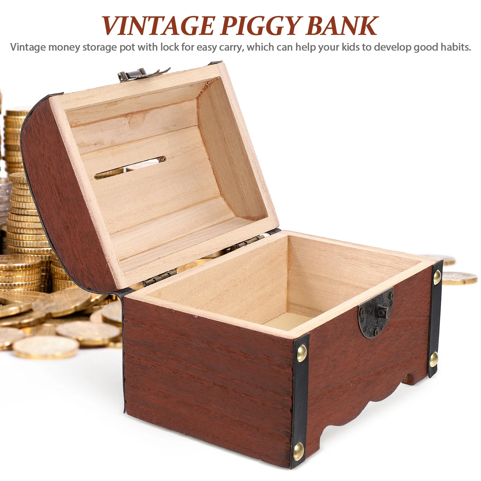 ヴィンテージ貯金箱 ロック付き 木製マネーボックス 子供の貯蓄用コインジャー 装飾的なホームアクセサリー デスクトップ宝箱