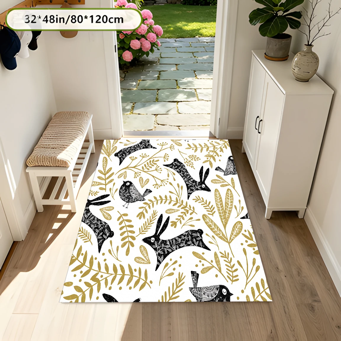 2D Large Carpet Cute Rabbit Bird Leaf Soothing Forest Style for Living Room Bedroom