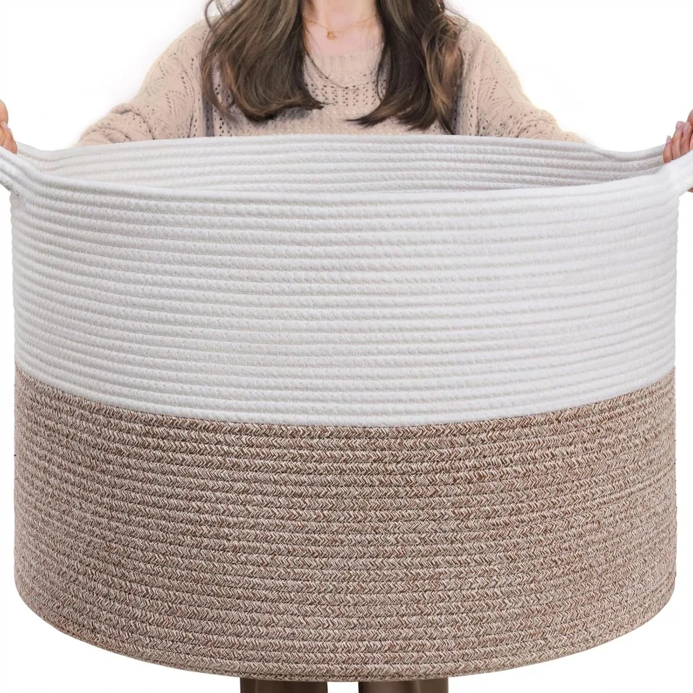 

XXXLarge Cotton Rope Basket 21.7" X 21.7" X 13.8" Woven Baby Laundry Blanket Basket Toy Baskets