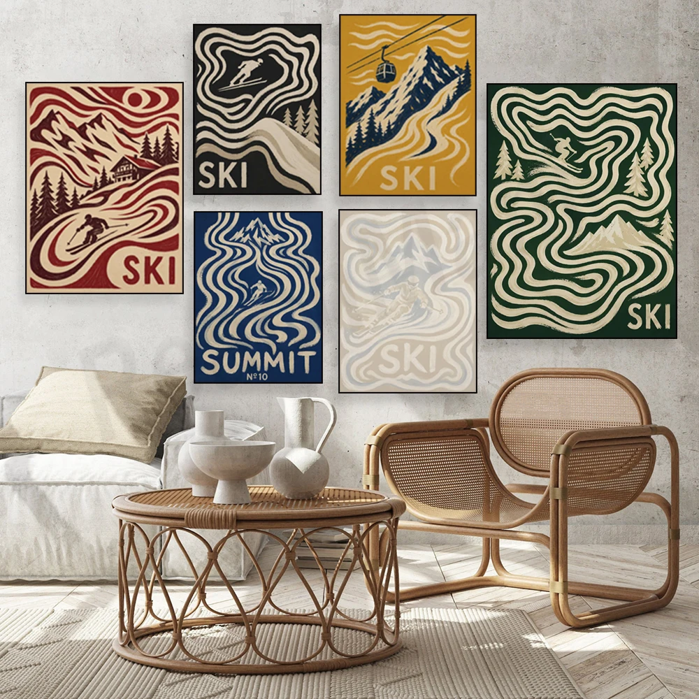 Retro mountain landscape prints, cross-country skiing, ski jumping, ski lifts, mountain chairlifts, winter sports skiing posters