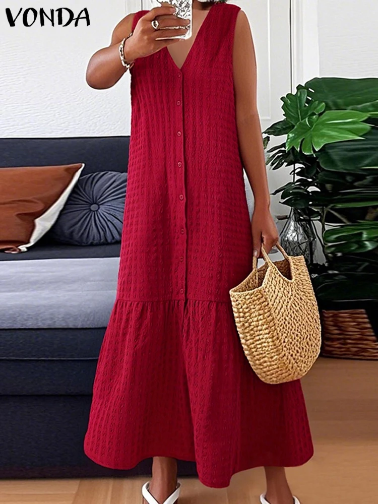 

VONDA Women Maxi Dress Summer Sleeveless Long Sundress Casual Solid Color Robe 2025 Bohemian V-Neck Party Beach Tank Vestidos