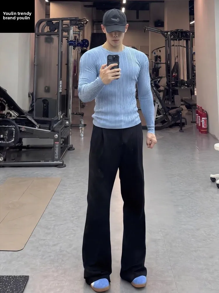 

Bla Casual Men's Straight Leg Fitn Sports Pants Drapey High-End Feel Cleanfit American Sle Knife Straight Tube Pants