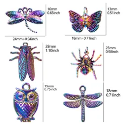 10pcs Dragonfly Hawk Moth Charms Rainbow Color Butterfly Owl Spider Charms Alloy Pendant For Jewelry Making DIY Necklaces Gifts