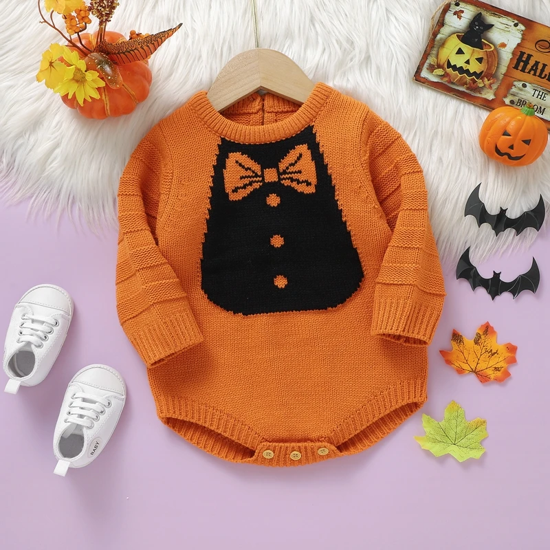 Baby Sweater Romper Long Sleeve Round Neck Bowtie Print Knit Bodysuit Infant Winter Outfit