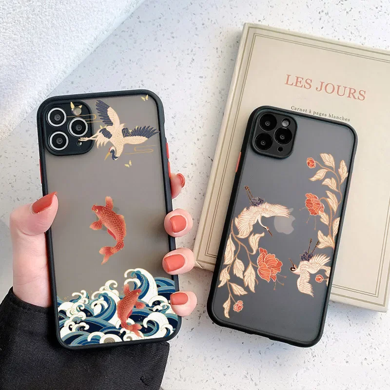 Carp Waves Crane Brocade Pattern Phone Case For iPhone 15 14 11 12 13 Pro MAX Mini XR XS X 8 6 7 Plus SE3 Clear Hard Case Back