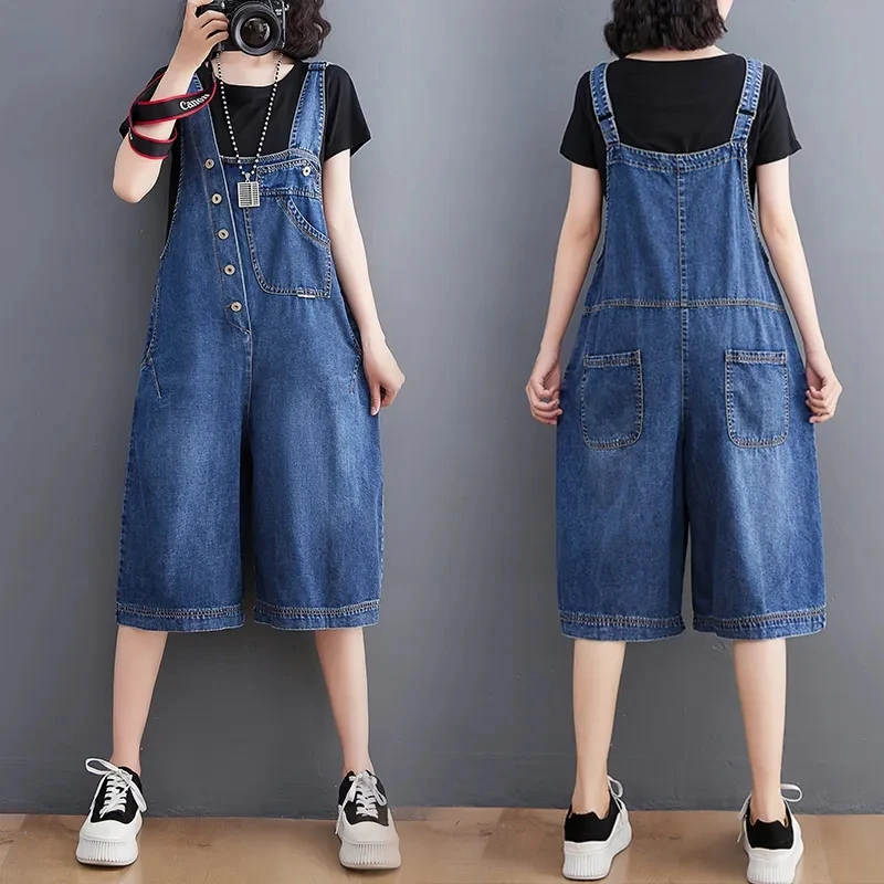 Vintage Straps Denim Shorts Women 2023 Summer New Fashion Pockets Jeans Jumpsuits Ladies Loose Rompers Casual Suspenders