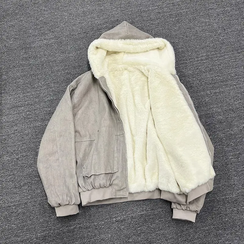 

Thiened Winter Jaet Lamb Fur Hooded Coat Men's Women's Retro American Sle Warm Cotton Clothes Casual Cleanfit Sle