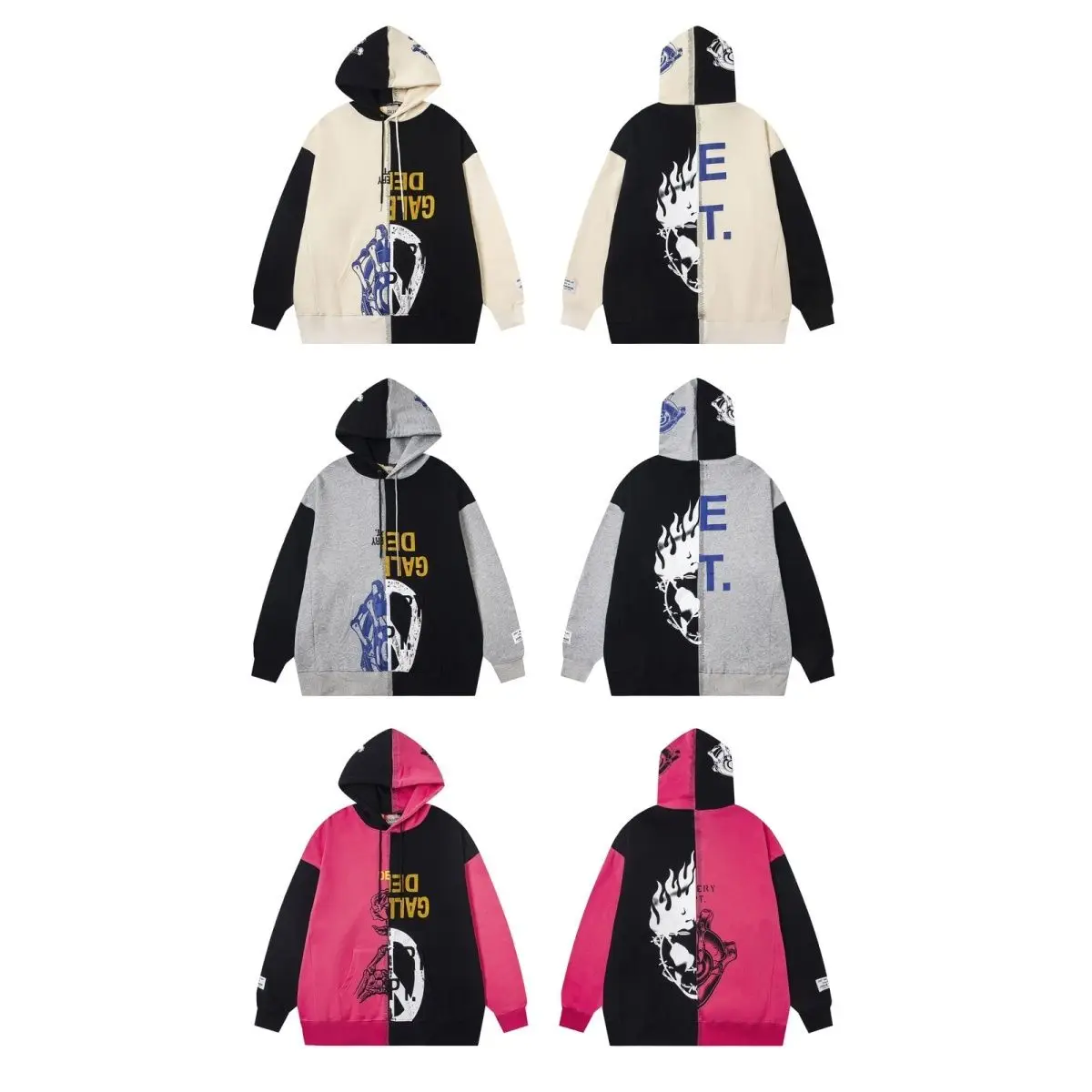 Gallery Dept Skull Print Colorblock Patchwork Hip Hop Oversized Fleece Lined Hoodie Sweatshirt