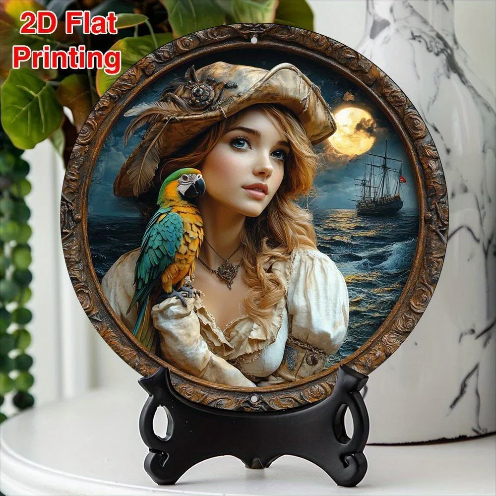 Rundes Metallschild „Captain Woman“ mit Papagei, 20,3 x 20,3 cm, rustikales Bauernhaus, Küche, Wohnzimmer, Dekoration, Vatertagsgeschenk