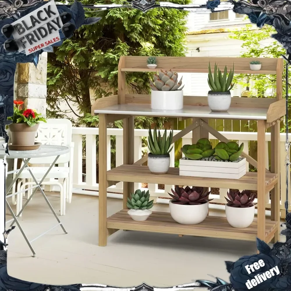 Garden Potting Bench, Galvanized Steel Top, 6 Hooks, 2 Tier Storage Shelves, Wood Workstation for Indoor Outdoor