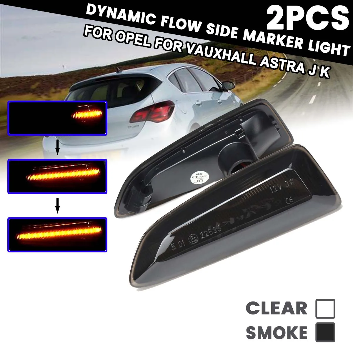 2x Luces LED Dinámicas Laterales de Marcador de Posición Diurna 12V, Luz de Señal de Giro Secuencial, Panel de Lámpara Repetidora Lateral para Opel Vauxhall Astra J K