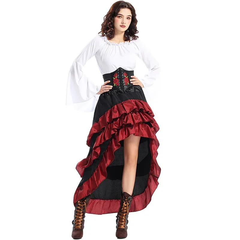 Fashionable Halloween Literary Front Short Back Long with Lotus Leaf Hem Long Dress. Medieval Costume Pirate Style Corset Skirt view 5