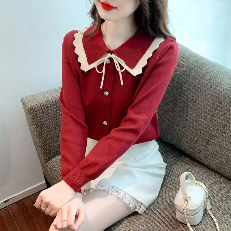 Color Blocking Doll Collar Bow Explosive Knitted Sweater Slim Fit Versatile Pullover Sweater for Women Ins