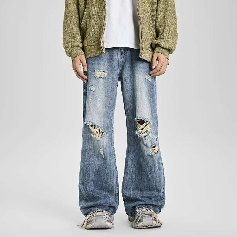 Men's Ripped Wide Leg Jeans American Vintage Distressed Denim Baggy High Quality Abrasion-resistant Casual Trousers