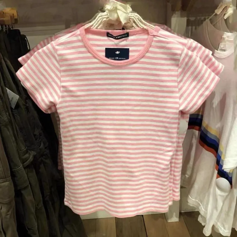 American Retro Gestreiftes ort Sve T-Shirt aus reiner Baumwolle zum Abnehmen von Agel Brandy Girl Offizielle Website Damen-Sommeroberteil