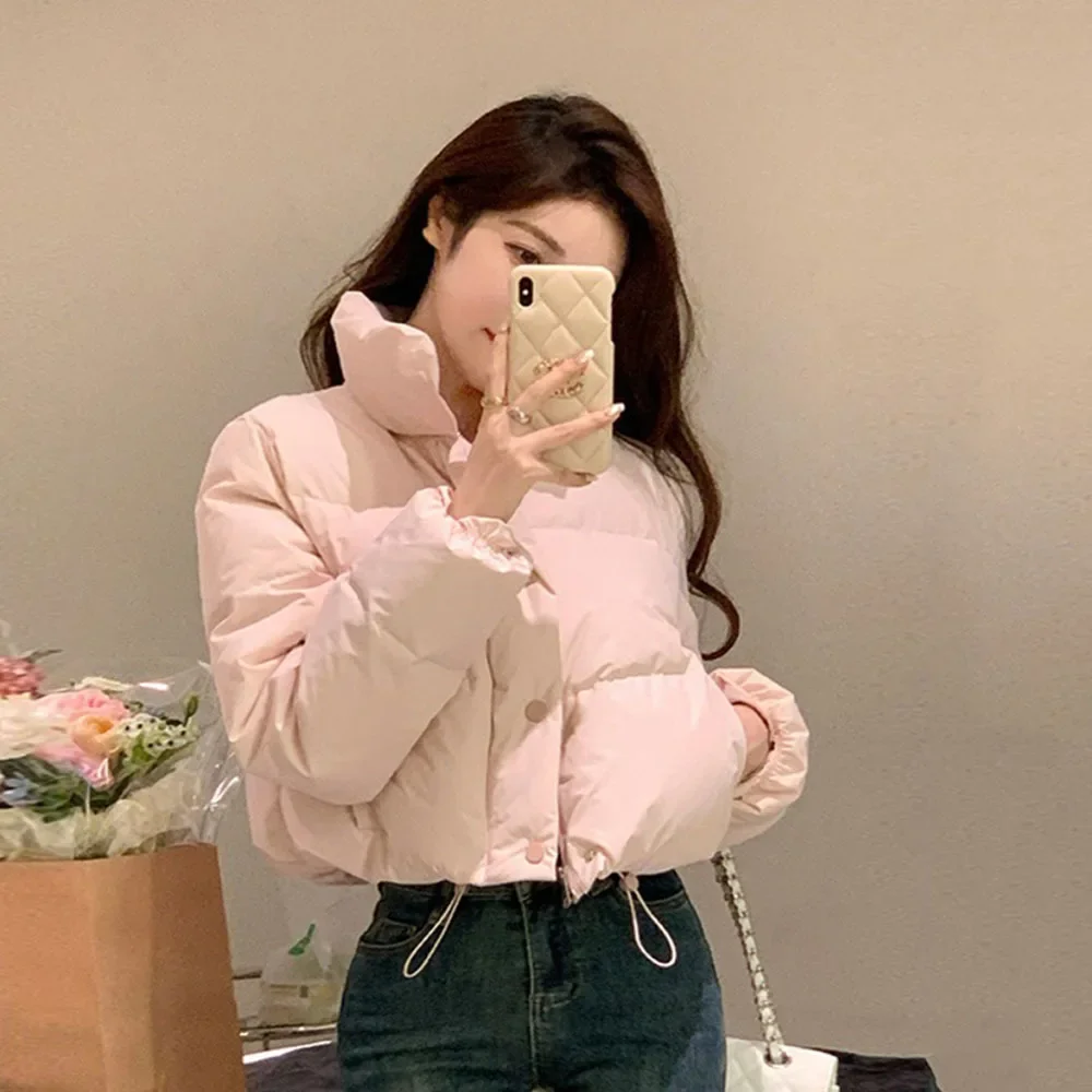 Korean Pink Cotton Jackets For Women Warm Slim Short Parkas Coat Casual Fashion Bread Clothing Ladies Sweet Solid Cotton Outwear