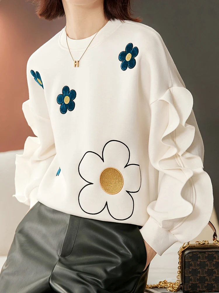 Velvet Sweatshirts Women O Neck Long Sleeve Ruffles Pullovers Girls Beige Top Fall Winter Casual Loose Floral Poncho Korean Chic