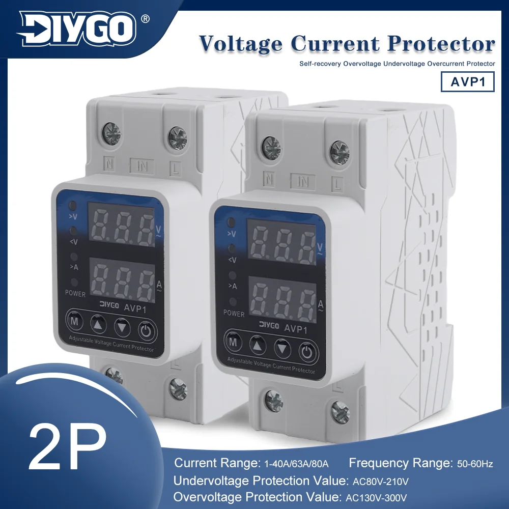 AVP1 2P Din Rail Adjustable Voltage Current Protector Auto Reset Over/Under Voltage & Overcurrent Digital Display Home Protector