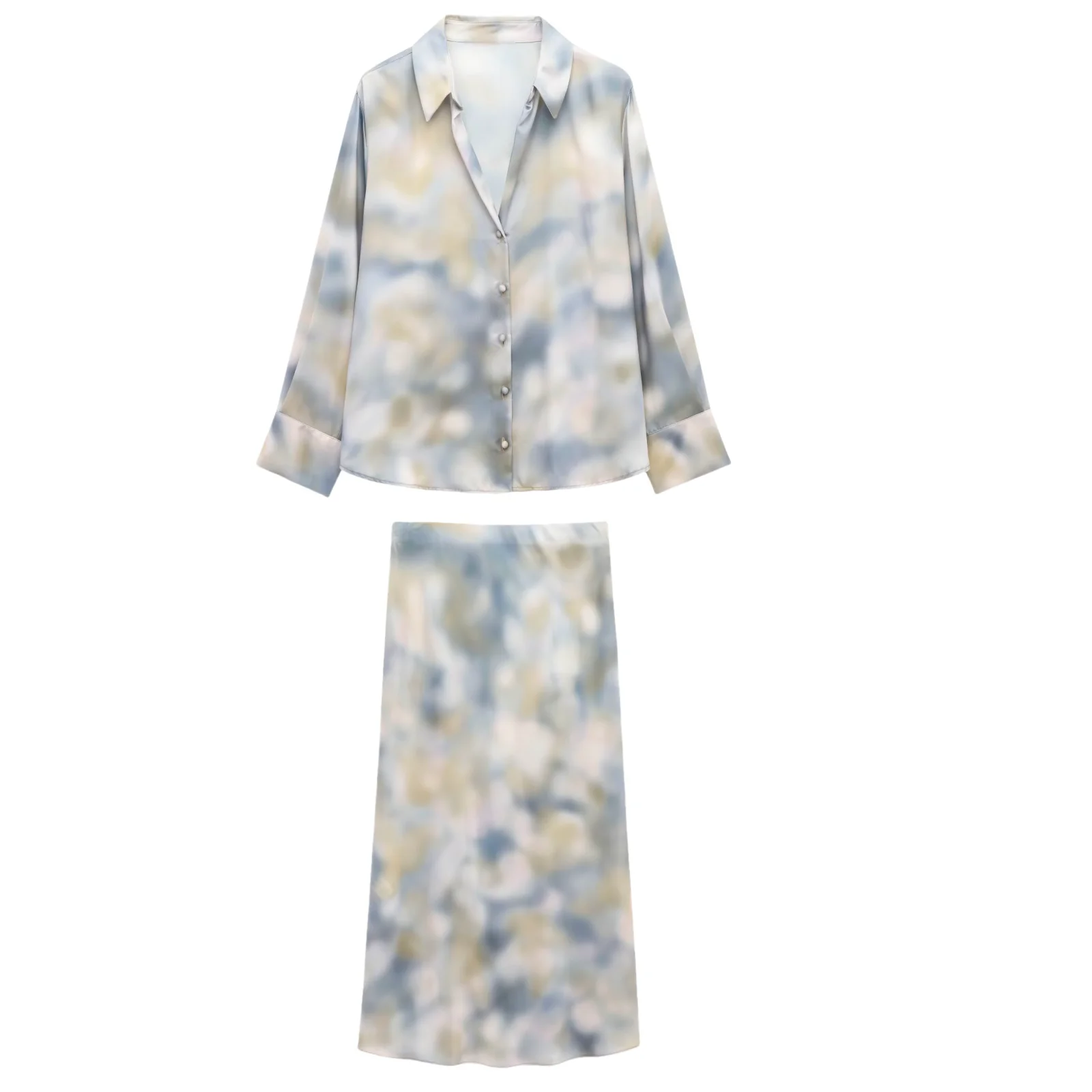 

BM&MD&ZA Womens Tie Dye Blouse and Midi Skirt Set Fashionable Long Sleeve Design Stylish Ladies Casual Outfit