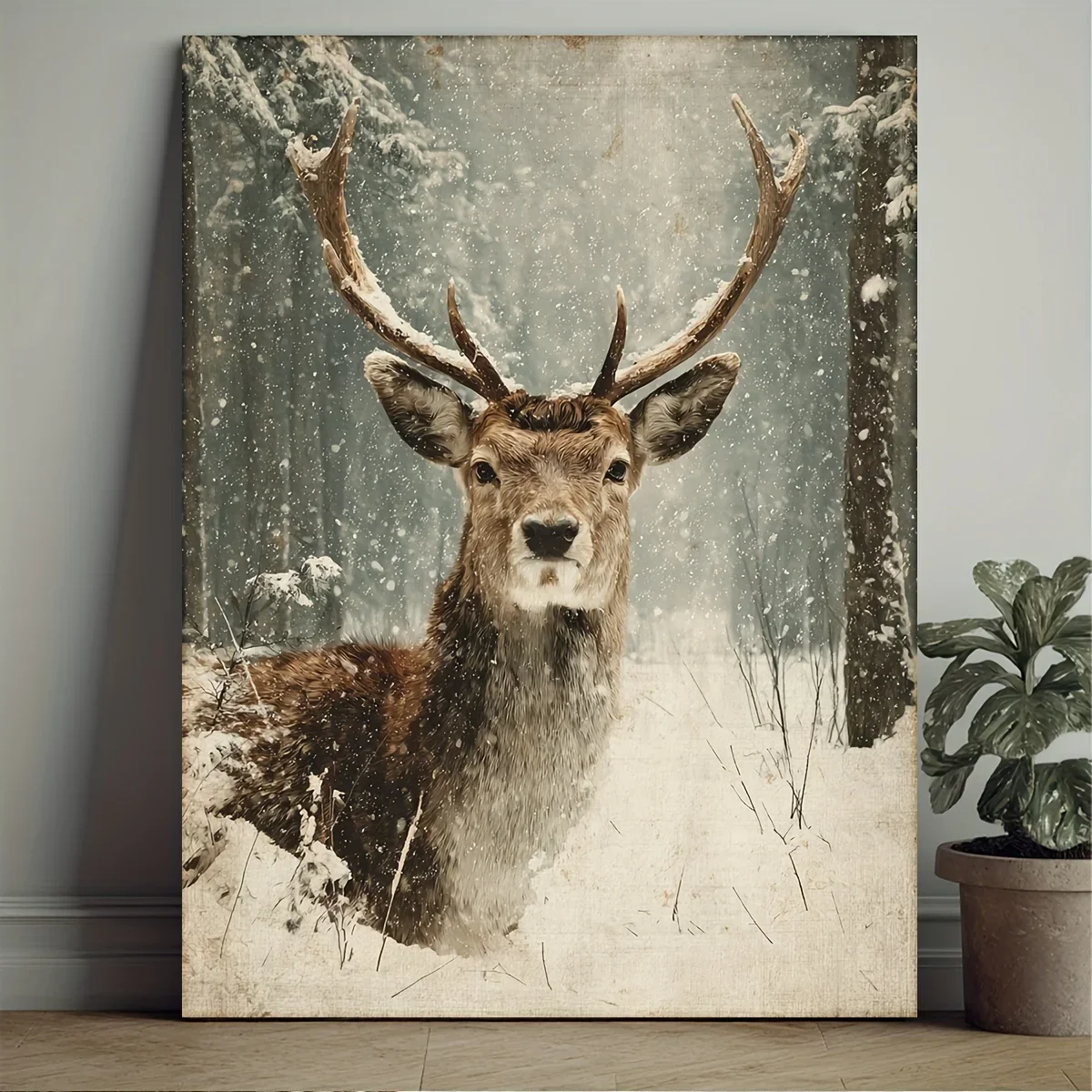 1pc Framed Wall Art 12x16 Inch (30x40cm) Vintage Manga Reindeer Painting - Winter Christmas Snowy Forest Print, Rustic Farmho