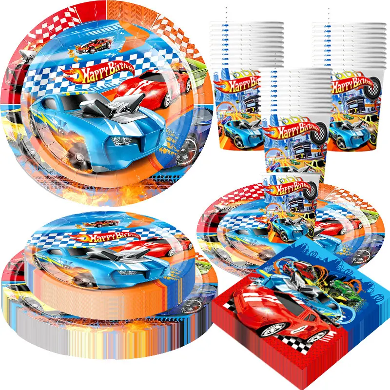 Kit de Décoration Anniversaire Voiture de Course avec Roues, Assiettes, Gobelets, Ballons Chauds, Sacs Cadeaux, Bannière Joyeux Anniversaire et Fournitures de Toile de Fond pour Enfant Garçon ﻿ Favor