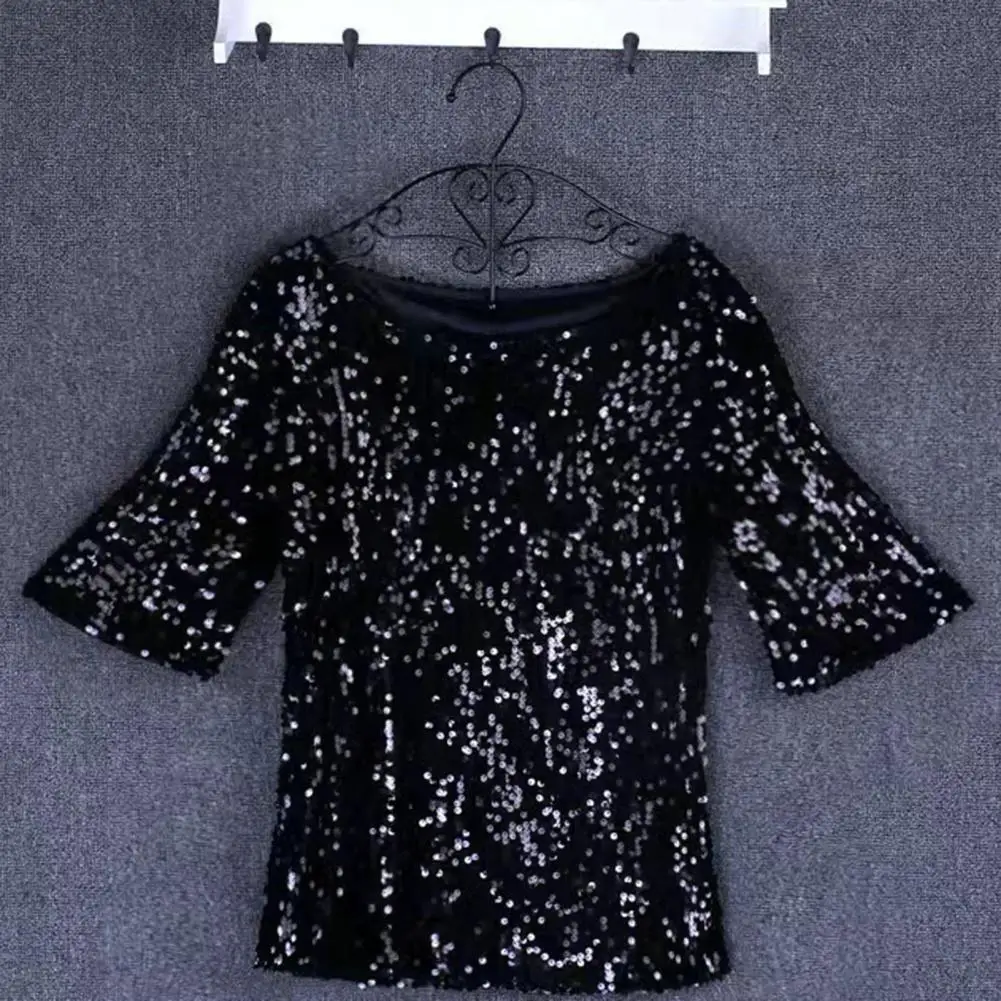 Relaxed Fit Sequin Top Women Sequin Top Stylish Women\'s Sequin Tops Sparkling Mid Sleeve Blouses for Stage Performances Daily