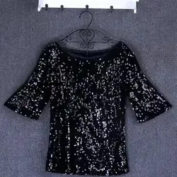 Relaxed Fit Sequin Top Women Sequin Top Stylish Women's Sequin Tops Sparkling Mid Sleeve Blouses for Stage Performances Daily