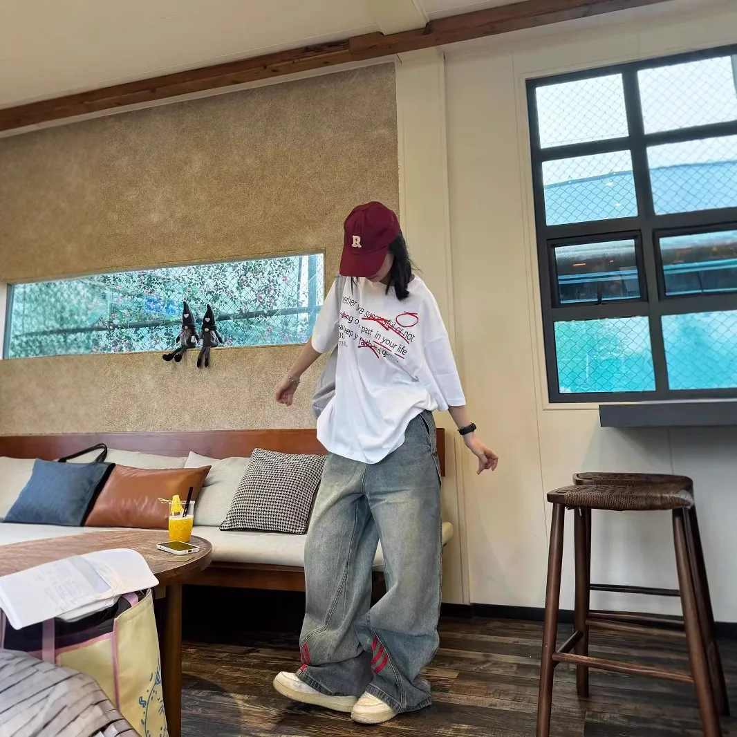 Retro jeans straight leg striped patchwork fashionable couple wide leg pants