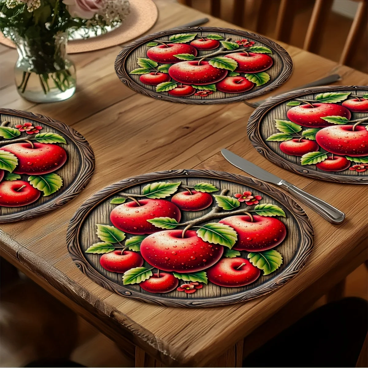 4 piezas de manteles individuales redondos de poliéster de 15x15 pulgadas con diseño de manzana roja y ramas, arte rústico para mesa de café, adecuados para cenas familiares, decoración de mesas de comedor y cocina.