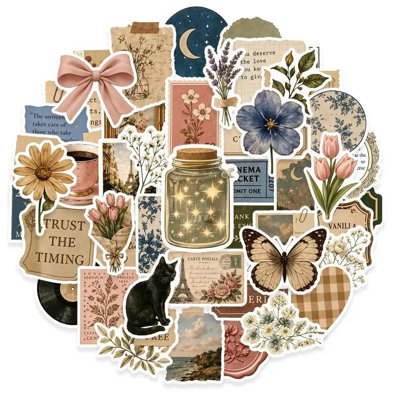 Retro Waterproof Vintage Stickers 50 Pcs INS Aesthetic No Trace Decals for Cups Desks Laptops Skateboards Helmets