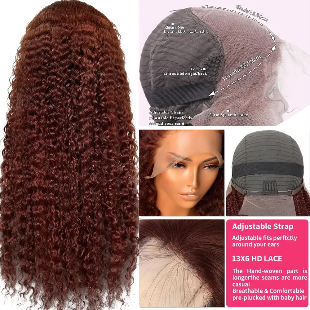 16-30 Inch Reddish Brown Deep Wave Frontal Wig 13X6 HD Lace Frontal Wig Fall Colored Deep Curly 13x4 Lace Front Human Hair Wigs