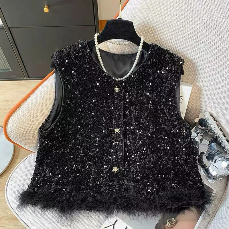 

Винтажный жилет с пайетками и лоскутной отделкой для женщин, весенняя новинка в стиле Y2K, свободный укороченный жилет с круглым вырезом, корейский люксовый однобортный жилет без рукавов