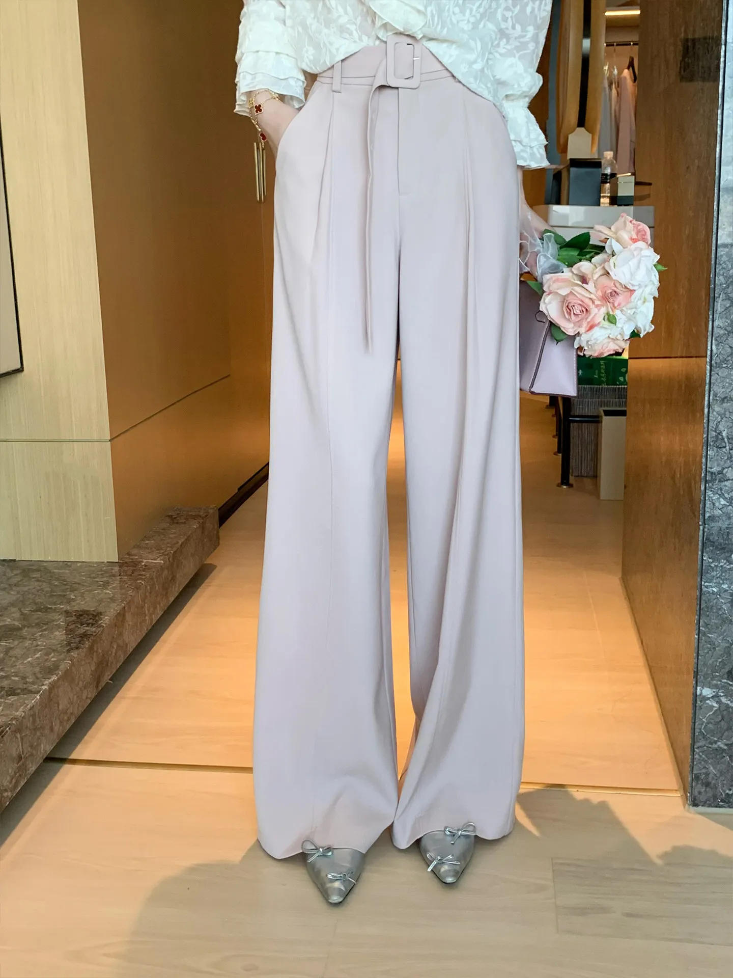 

Pink Suit Pants Women's Loose Casual Straight Leg Pants New Sle Long Trousers Spring Season High Waist Elastic Fiber Material