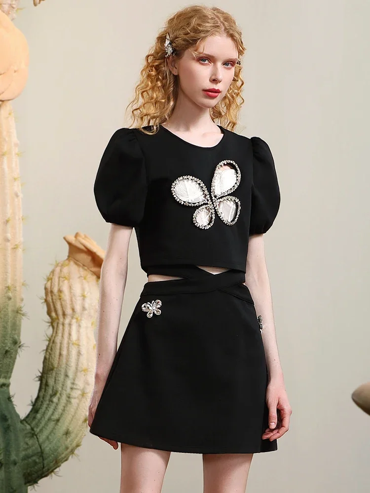 Socialite Design Black Skirt Suit Personality Rhinestone Butterfly Hollow Short Sleeve Top Cross High Waist Mid-Length Skirt Set