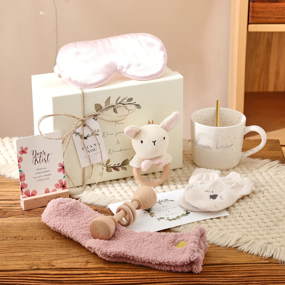 new-mom-and-baby-girl-gift-basket-set-rabbit-rattle-ceramic-mug-golden-spoon-socks-sleep-mask-12-affirmation-cards-gift-box