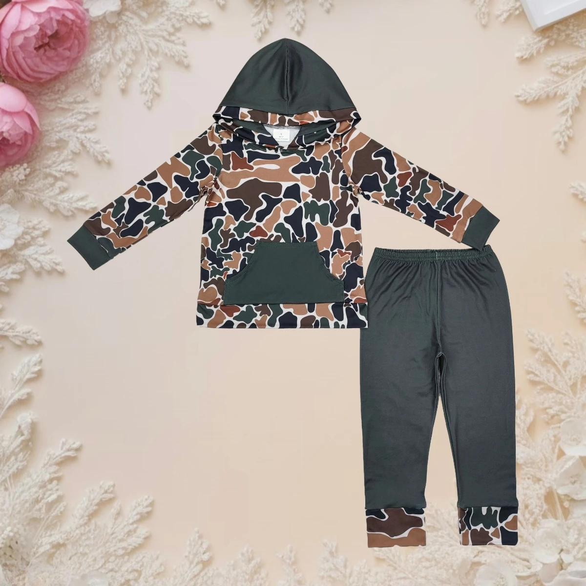 

Infant Toddler Long Sleeve Brown Camo Hoodie and Pants Set with Pockets Baby Boy Outfit Children's Two-Piece Clothes Wholesale